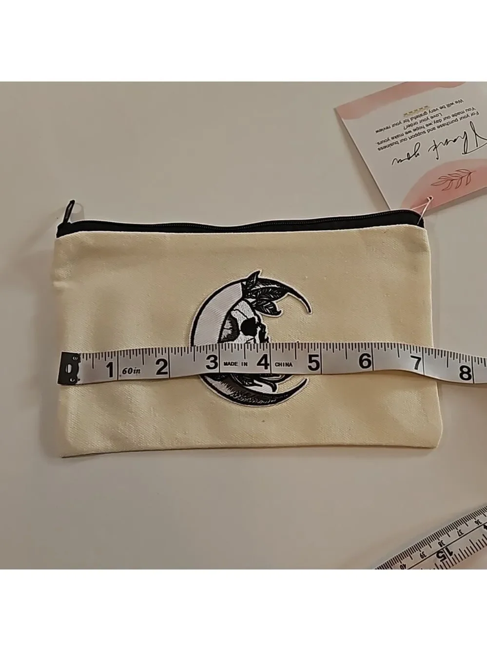 Hand Crafted Multi-use Bag Beige Zipper Pencil Case Skull Motif Iron-on Patch